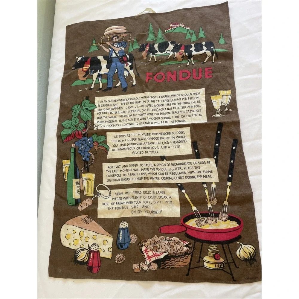 Vintage Recipe Fondue Tea Towel Linen European Kreier Swiss German Kitchen Dish